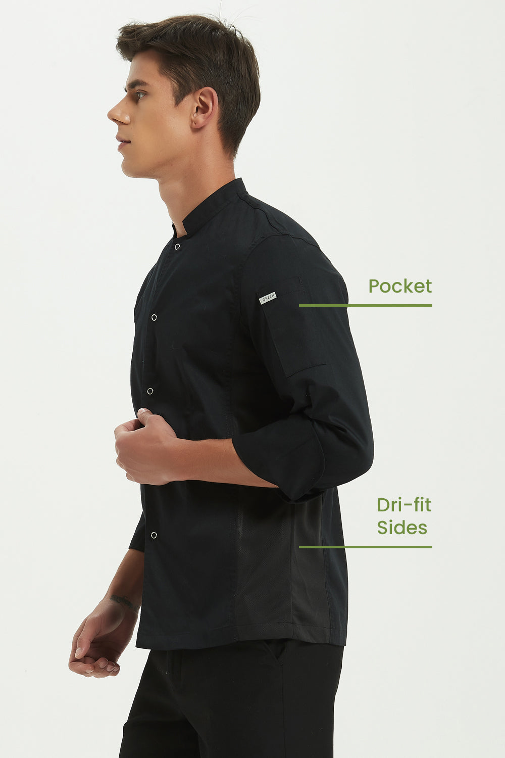 Mint Black Chef Jacket with Drifit, Long Sleeve, Side View